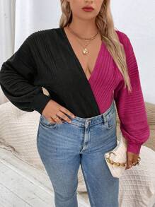 Calvaya Plus Two Tone Plunging Neck Lantern Sleeve Bodysuit - Hot Pink - View 4