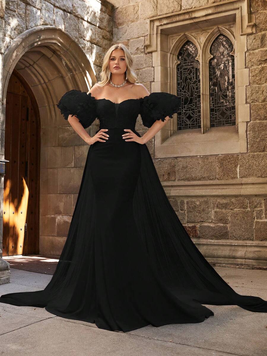 Off Shoulder Ống tay áo Chiều dài sàn Váy dự tiệc - màu đen - Xem 1