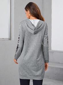 EMERY ROSE 拼接豹紋抽繩連帽衛衣 - 深灰色 - 查看 2