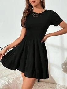 SHEIN Frenchy Solid A-Line Dress Black Summer Casual - Black - View 1