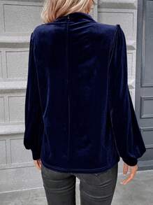 SHEIN Clasi Cổ giả Tay áo lồng đèn Nhung Áo sơ mi - Màu xanh hải quân - Xem 2