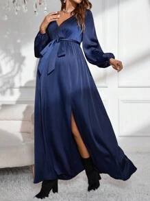 SHEIN 孕婦交疊領燈籠袖高衩繫腰帶洋裝