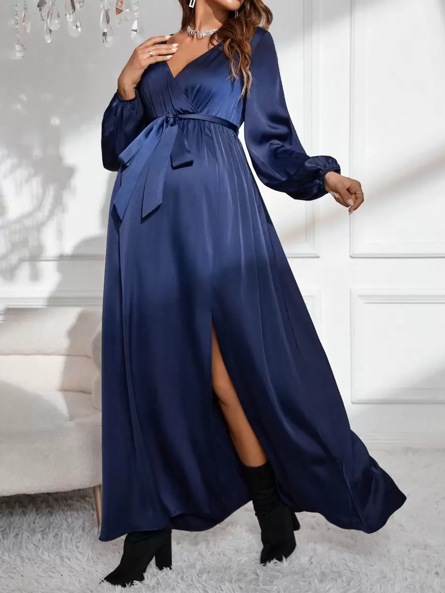 SHEIN 孕婦交疊領燈籠袖高衩繫腰帶洋裝