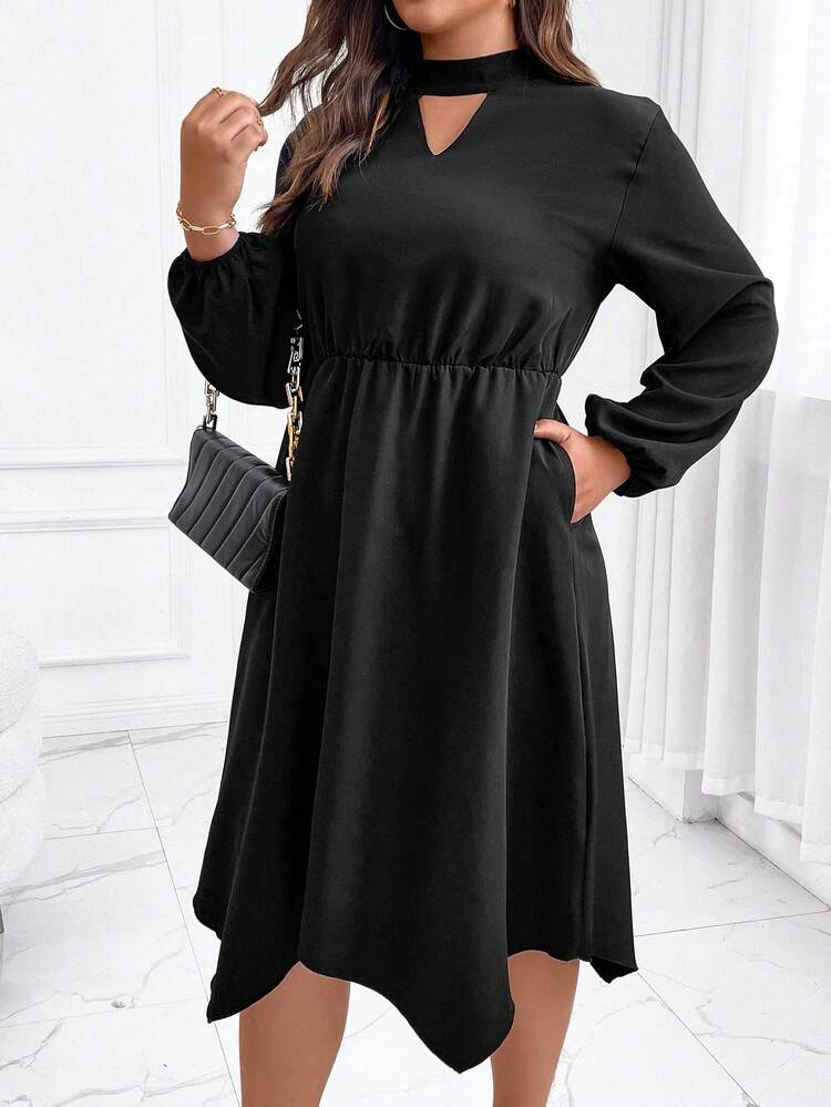 Plus Keyhole Neckline Lantern Sleeve Hanky Hem Dress