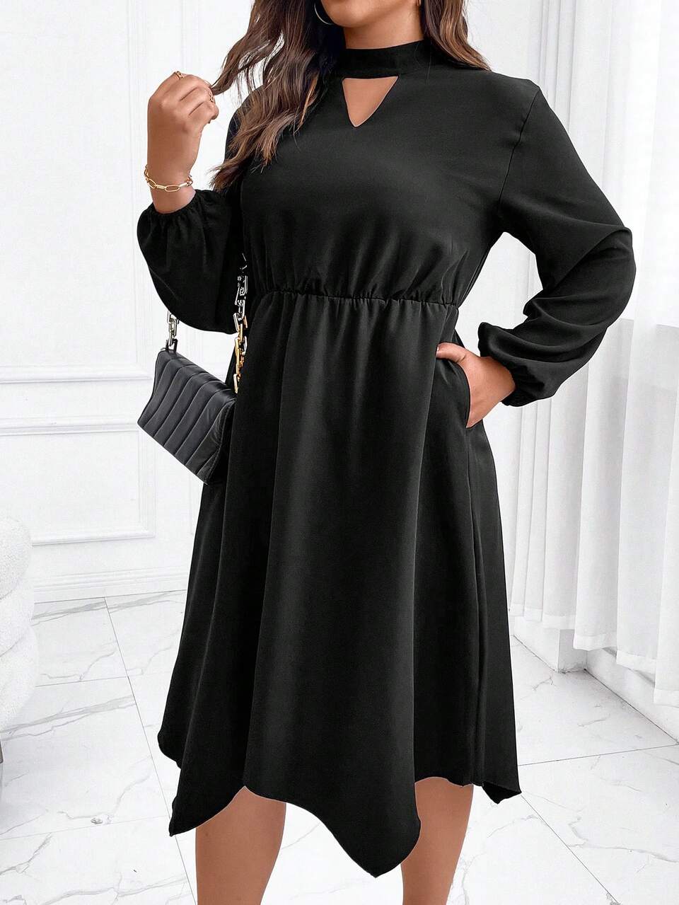 Plus Keyhole Neckline Lantern Sleeve Hanky Hem Dress
