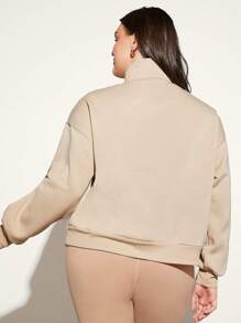 SHEIN BASICS 大碼舒適搖粒絨翻蓋口袋落肩袖運動衫 - 杏色 - 查看 2