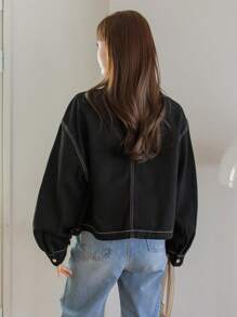 Dazy-Less Stitching Design Turn-Down Collar Denim Jacket Old Money Style,Fall Clothes