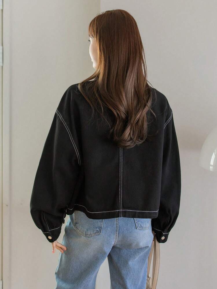 Stitching Design Turn-Down Collar Denim Jacket Old Money Style,Fall Clothes Business Casual Woman