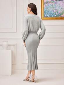 Modelyn Tie Front Cardigan & Mermaid Hem Halter Sweater Dress 2 Piece Set - Light Grey - View 2