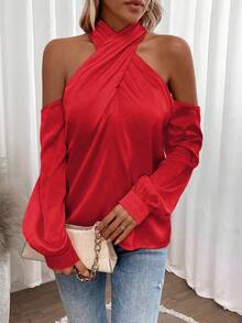 SHEIN Frenchy Blusa unicolor de hombros descubiertos de satén - Rojo - Ver 6