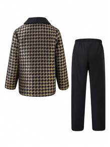 SHEIN Cậu bé Tween 1 Miếng In Houndstooth Khăn quàng Áo vest & 1 Miếng Quần tây & 1 Miếng Nơ Áo sơ mi - Đen và trắng - Xem 2