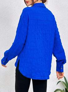 SHEIN Essnce 素色前紐扣落肩袖襯衫 - 寶藍色 - 查看 2