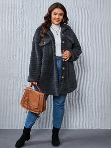 SHEIN LUNE Plus Flap Pocket Drop Shoulder Teddy Coat - Dark Grey - View 4