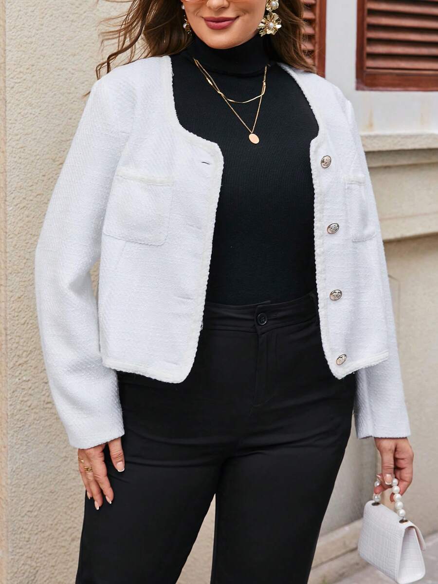 SHEIN Privé Hơn Túi Kép Nút phía trước Áo khoác - trắng - Xem 1