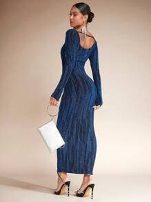 SHEIN BAE Square Neck Glitter Bodycon Dress - Blue - View 5