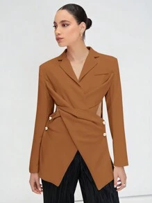 BizChic 交叉圍裹前扭結紐扣細節西裝外套 - 黃色 - 查看 6