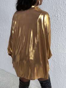 Slaydiva Áo sơ mi nữ dáng rộng, vai rớt, cổ polo, tay cài cúc, kiểu dáng thường ngày, phủ lớp nhũ vàng. - Vàng - Xem 3