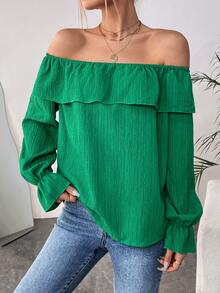 SHEIN Frenchy 一字肩荷葉袖荷葉邊襯衫 - 綠色 - 查看 5