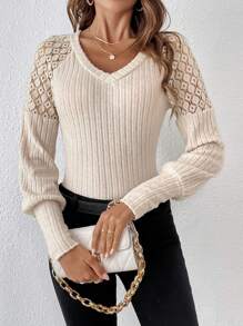 SHEIN Frenchy Contrast Lace Raglan Sleeve Tee - Apricot - View 1