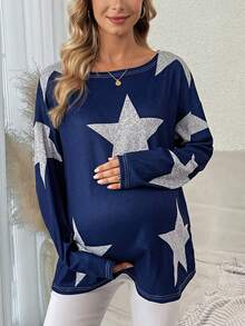SHEIN Maternity Star Print Drop Shoulder Tee - Blue - View 6
