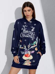 SHEIN Unity 聖誕圖案落肩袖連帽洋裝 - 藏蓝色 - 查看 5