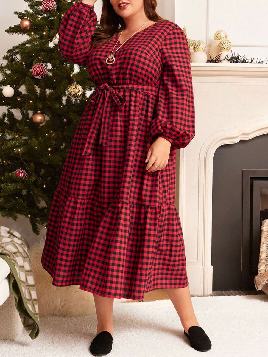 EMERY ROSE 大碼格子圖案燈籠袖荷葉邊繫腰帶洋裝 - 彩色 - 查看 1