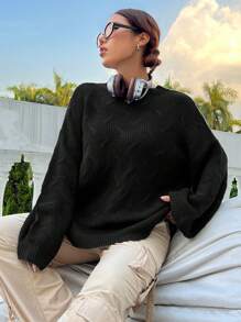 SHEIN Unity Solid Drop Shoulder Knit Pullover Fall Winter Sweater - Dark Grey - View 1