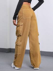 SHEIN EZwear Túi có nắp Quần jean chở hàng - Màu Khaki - Xem 2