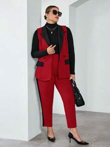 SHEIN Essnce 大碼撞色雙排釦馬甲西裝外套和褲子不帶T恤 - 玫瑰紅 - 查看 4