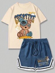 Prep Men Cartoon Bear & Letter Print Basketball Jersey Style T-Shirt With Drawstring Shorts Two-Piece Set, School