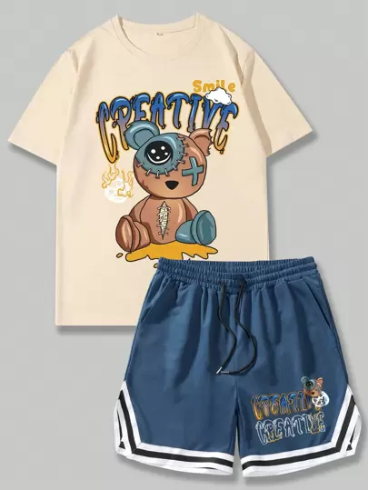 Prep Men Cartoon Bear & Letter Print Basketball Jersey Style T-Shirt With Drawstring Shorts Two-Piece Set, School