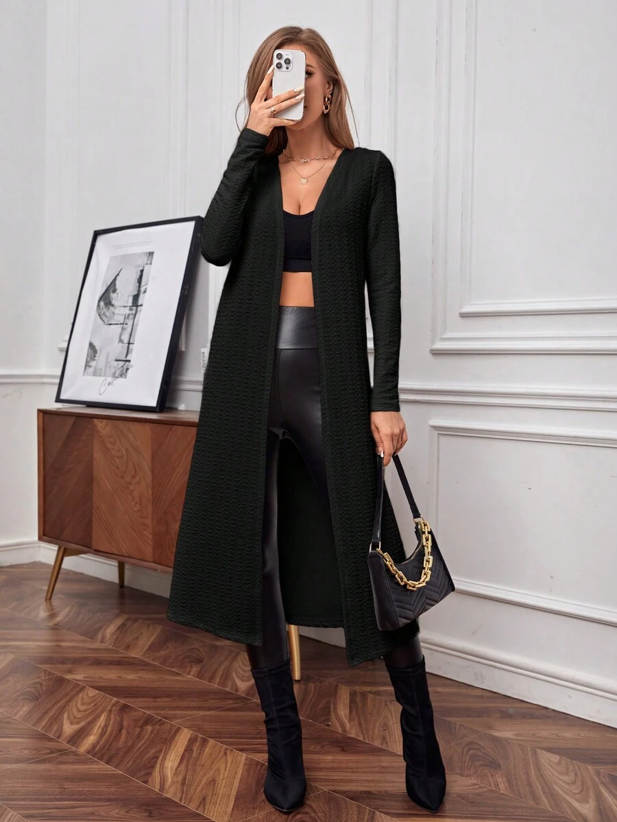 SHEIN Essnce Chất rắn Mở Mặt trước Áo khoác dài - màu đen - Xem 1