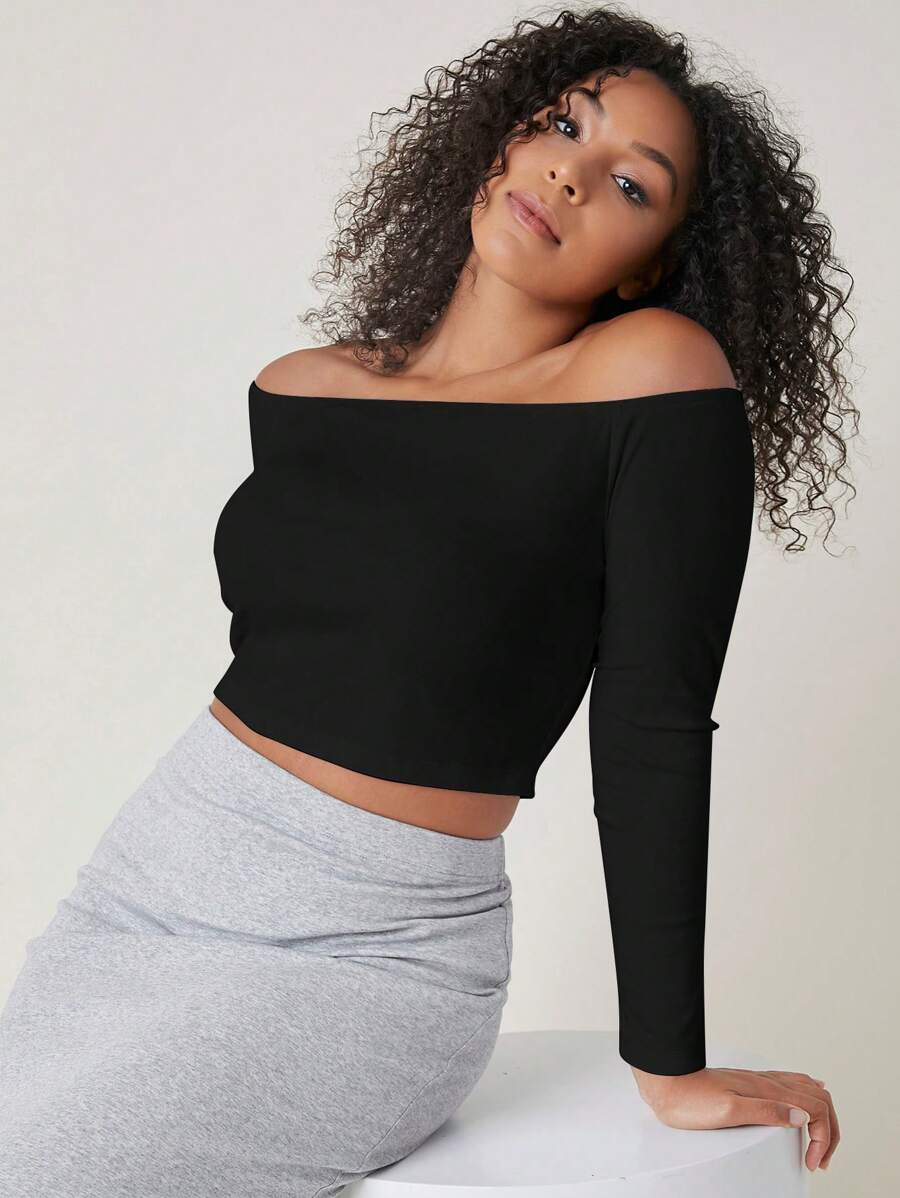 SHEIN BASICS Plus Solid Off Shoulder Crop Tee - Black - View 1