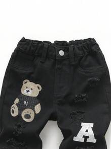 SHEIN Explorewe Young Boy Letter & Bear Patched Ripped Jeans - Black - View 6