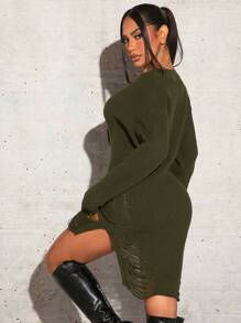 SHEIN SXY Ripped High Low Hem Sweater Dress Without Belt In Fall/Winter - Army Green - View 2