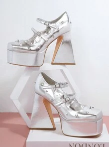 Metallic PU Leather Closed Toe Ankle Strap Platform Pumps - Silver - View 2