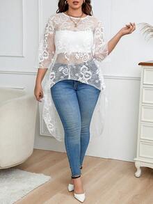 SHEIN CURVE+ Hơn Hem cao thấp Lưới Áo Không có áo Top Cami - trắng - Xem 4