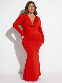 SHEIN X GiudiceGirls Plus Gola Drapeada Bainha De Sereia Vestido - Vermelho - Ver 3