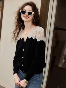 Contrast Lace Button Front Cardigan - Black - View 3