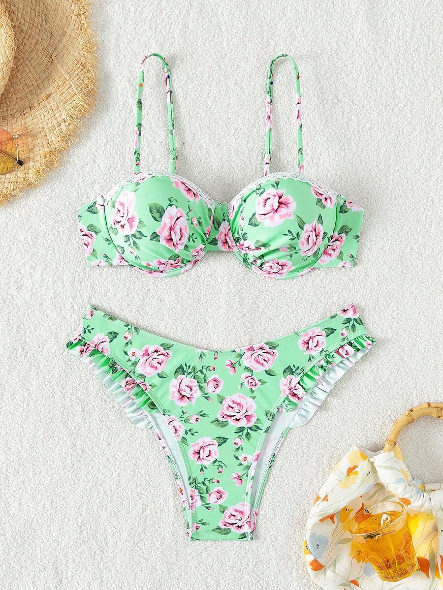 Women's Flower Print Frilled Bikini Set Summer Beach - Multicolor - View 1