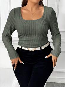 SHEIN Frenchy Plus Square Neck Ribbed Knit Tee - Dark Green - View 1