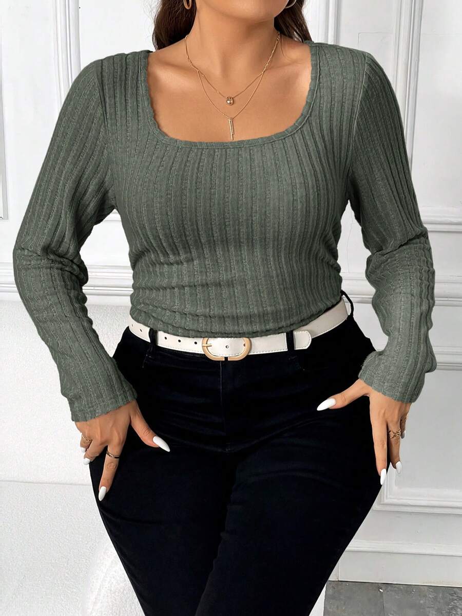 SHEIN Frenchy Plus Square Neck Ribbed Knit Tee - Dark Green - View 1