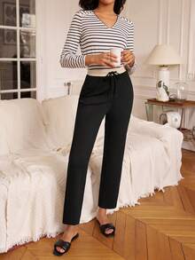 SHEIN Frenchy 腰部抽繩直筒褲 - 黑色 - 查看 4