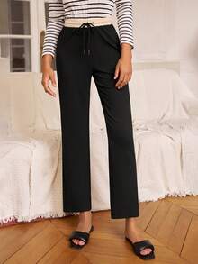 SHEIN Frenchy 腰部抽繩直筒褲 - 黑色 - 查看 5