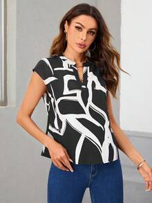 SHEIN LUNE 圖案印花缺口領蝙蝠袖襯衫 - 黑色 - 查看 4