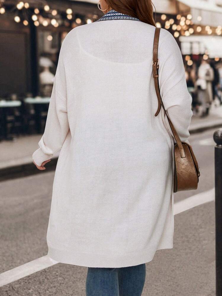 Plus Size Contrast Tape Trim Drop Shoulder Cardigan