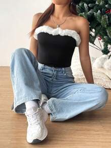 SHEIN EZwear Trang trí Fuzzy Ống ngọn - Đen và trắng - Xem 5