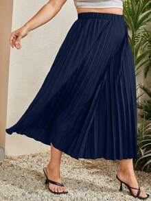 SHEIN Holidaya Hơn Chất rắn Xếp li Quần ống rộng - Màu xanh hải quân - Xem 4
