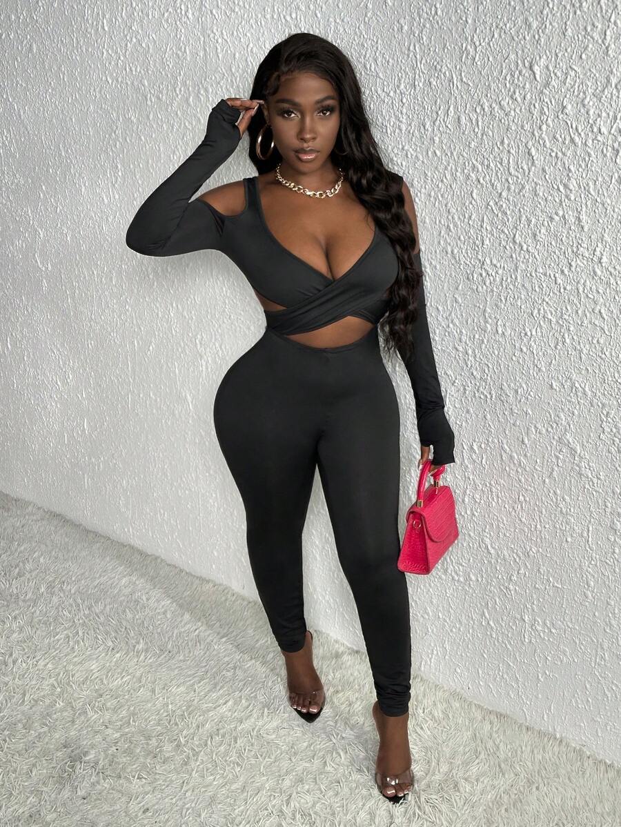 Slaydiva Mono unitard de hombros descubiertos con abertura - Negro - Ver 1