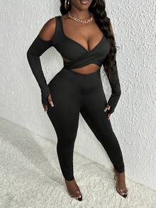 Slaydiva Mono unitard de hombros descubiertos con abertura - Negro - Ver 5